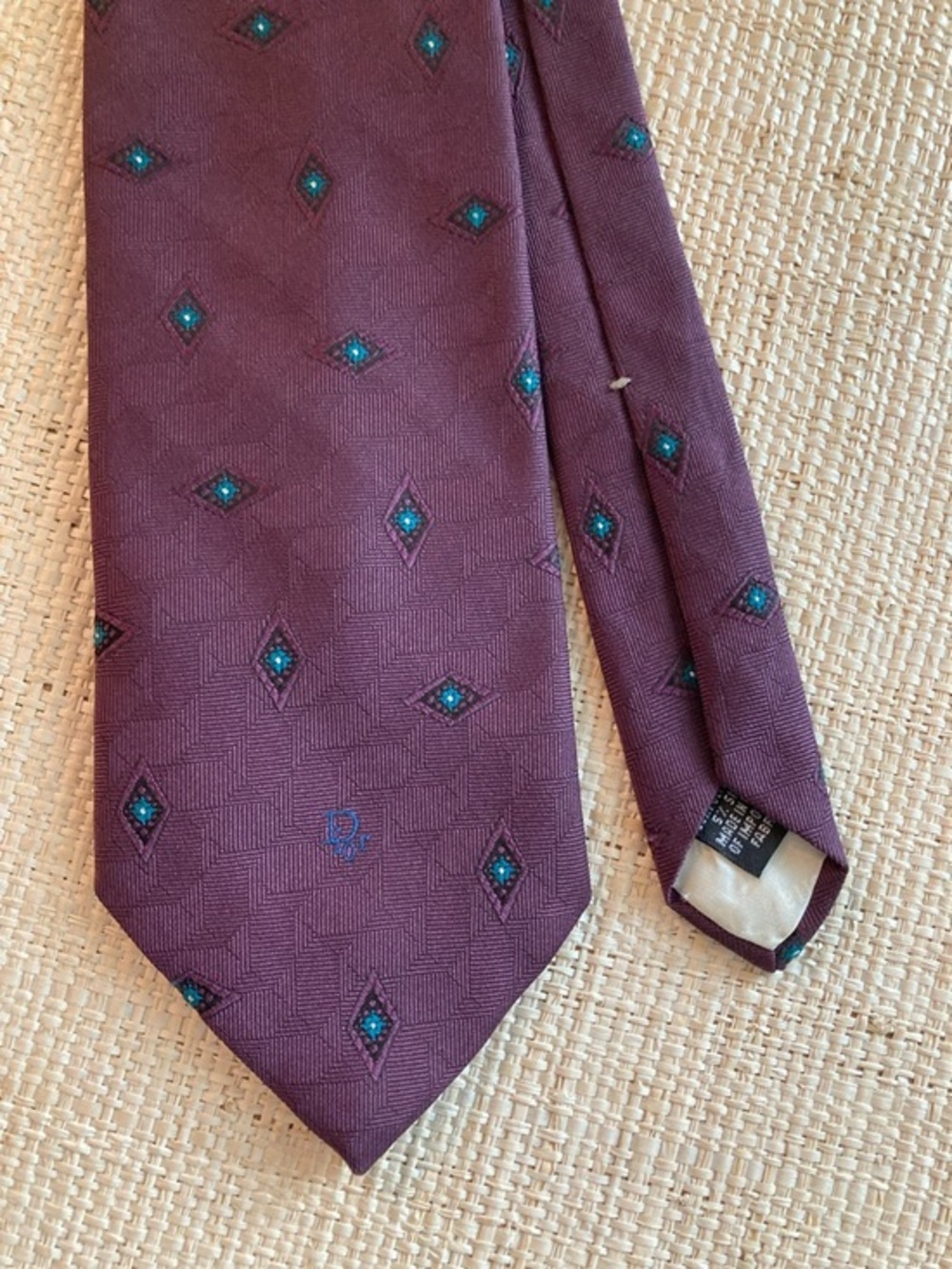 Vintage Christian Dior Burgundy Diamond-Pattern Silk blend Tie with Teal
